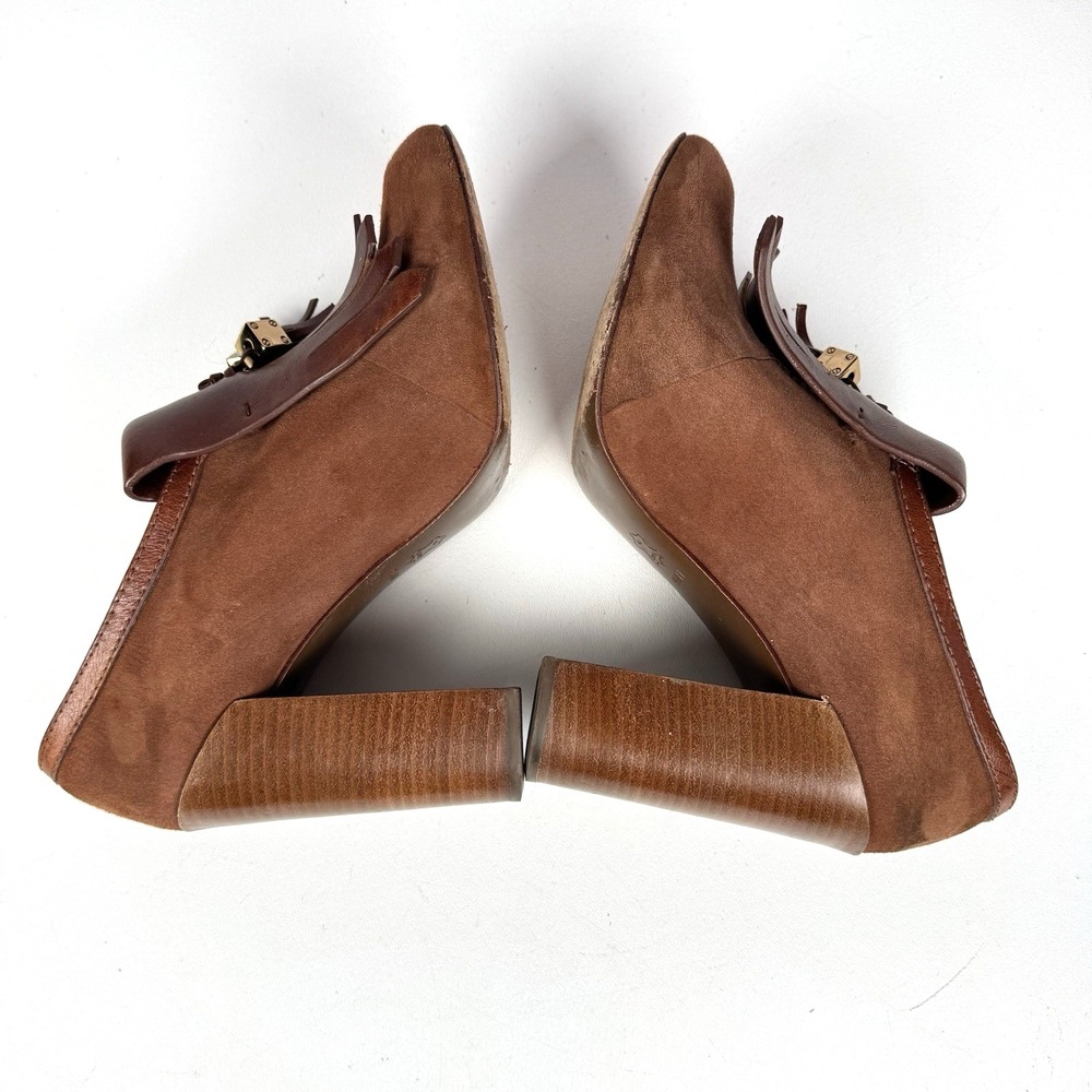 Tory Burch Arelia Brown Suede Leather Kiltie Pump Stacked Heels Tassels Sz 9.5 M - Picture 8 of 13